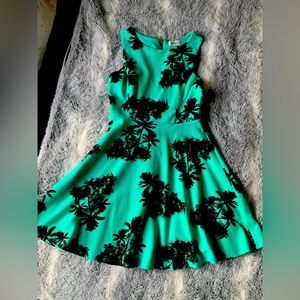 Vintage teal flare mini dress with palm tree print